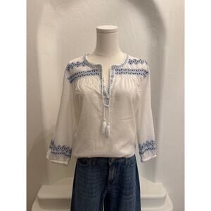 White and Blue Liz Claiborne Embroidered Cotton Peasant Top - Size XL0
